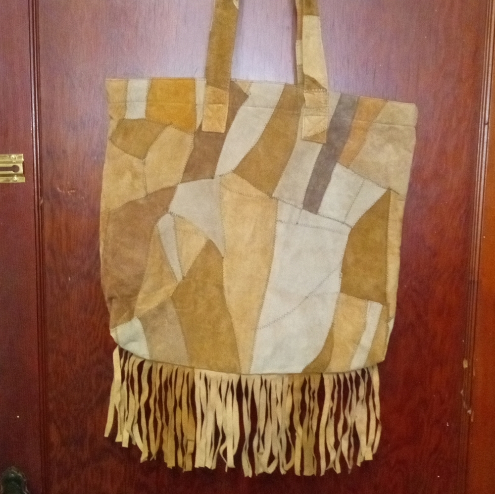 Oriental Originals leather patchwork tote with sueded fringe boho-retro-…
